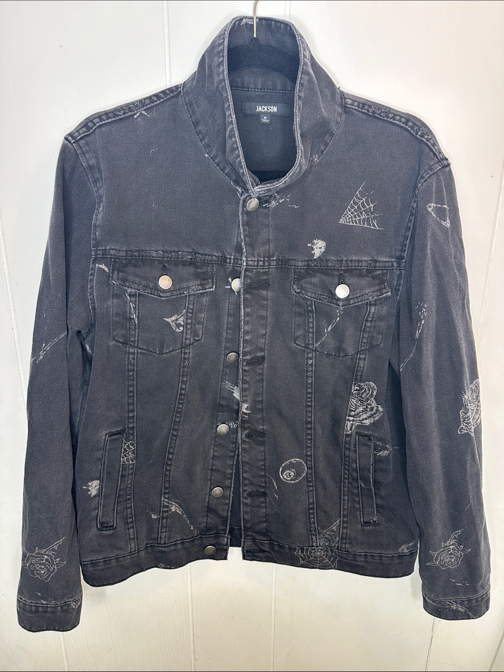 JACKSON Black Distressed Denim Jean Jacket with Subtle White Motifs